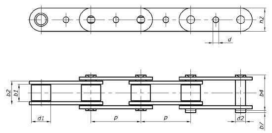 Łańcuchy pociągowe rolkowe - łańcuchy z otworem w płytkach - Rolka niska - schemat